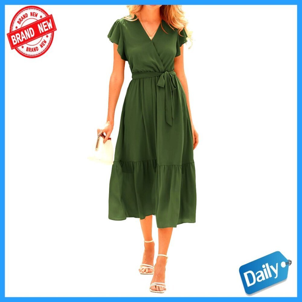 Bohemian Floral Wrap V Neck Ruffle Sleeveless Midi Sun Dress A-Line